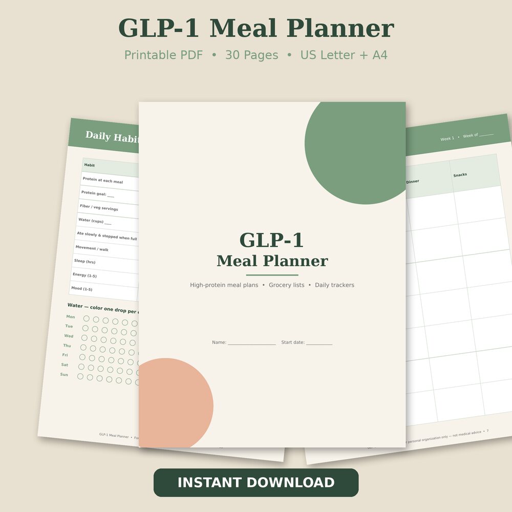 GLP-1 Meal Planner printable: cover and sample pages